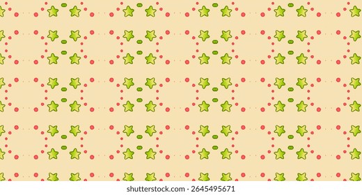 Whimsical green stars and red dots on a soft beige background. This cheerful and lively repeating pattern brings joy to any design or product.
