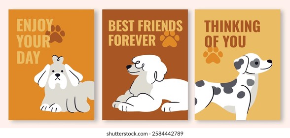 Whimsical greeting card template with delightful dog illustrations in earthy orange, yellow, and brown hues, featuring a Shih Tzu, Poodle, and Dalmatian.