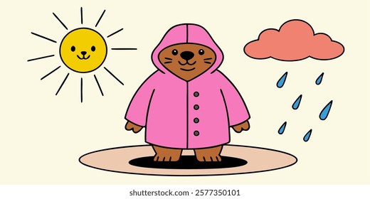 Whimsical Groundhog Day Card Design Featuring Groundhog in Raincoat. A playful groundhog day card showing a groundhog in a tiny raincoat standing in a puddle. 