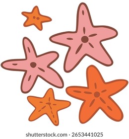 A whimsical group of pink and orange cartoon starfish with brown outlines, isolated on a white background. Perfect for summer, beach, and marine-themed designs.