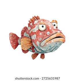 A whimsical, grumpy cartoon fish illustration with vibrant colors and a unique expression, perfect for children's books, marine life, or fun designs.