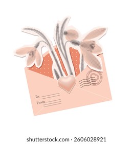 Whimsical halftone collage featuring spring flowers inside an envelope. Mixed media art with beige envelope filled with snowdrops. Vintage bouquet symbolizes a letter with spring mood and love. Vector