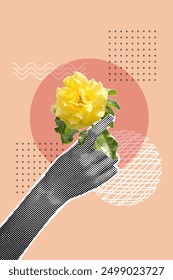 A whimsical halftone collage. The hand is holding a rose. Trendy vector illustration by Y2k. Template for greeting card, invitation, web banner. Vector illustration