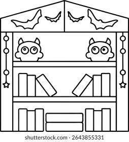 Whimsical Halloween Bookshelf Coloring Page Featuring Spooky Decor Delightful Illustrations with Books Bats Owls and Garlands A Playful Activity for Creative Expression and Festive Fun