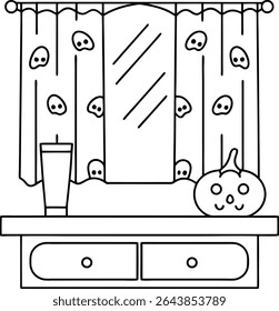 Whimsical Halloween Decor Illustration Black and White Spooky yet Sweet Spooky Ghost Themed Curtains with a Reflective Mirror on Dresser with Cute Pumpkin and Drink Glass