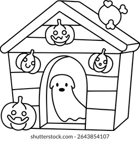 Whimsical Halloween Doghouse Scene A Ghostly Pup Adorned with Festive Pumpkins and Spooky Skull Bones, Capturing the Delightful Spirit of Halloween in a charming and Playful Way