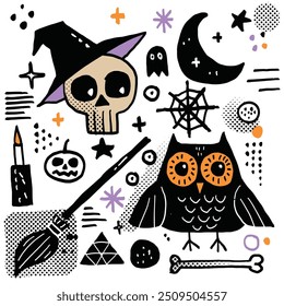 Caprichosa ilustración de doodle de Halloween con un búho, cráneo con un sombrero de bruja, escoba, luna, Web de araña y otros Elementos espeluznantes.
