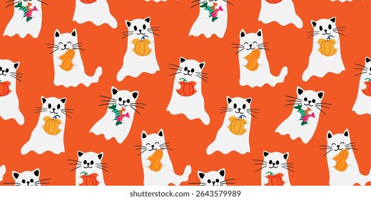 whimsical halloween fun repeating print with charming feline spirits a sweet design for october events and festive merchandise orange