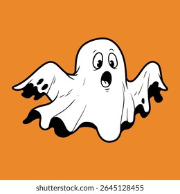 Whimsical Halloween Ghost Cartoon with Spooky Eyes and an Open Mouth on a Vibrant Orange Background