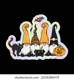 Whimsical Halloween Gnome Sticker with Black Cat and Cauldron