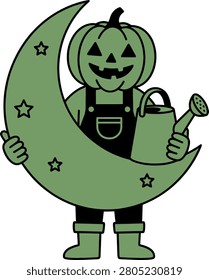 Whimsical Halloween graphic featuring a cheerful pumpkin head character embracing a starry crescent moon. Ideal for seasonal promotions and festive designs.