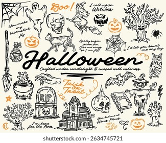 Whimsical Halloween hand drawn illustration vector set
