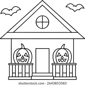 Whimsical Halloween Home Ready for Spooky Festivities Outline Drawing featuring classic pumpkins, playful bats, and a charming facade perfect for coloring book pages and festive decorations