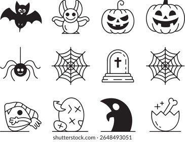 Whimsical Halloween Icons A Collection of Spooky and Fun Illustrations for the Holiday Season in Simple Black and White