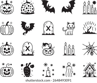 Whimsical Halloween Icons A Spooky and Fun Collection for Decorations and Designs Featuring Bats, Pumpkins, and Haunted Houses
