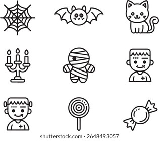Ícones caprichosos de Halloween Teias de aranha assustadoras morcegos e monstros bonitos para desenhos festivos arte de linha preta e branca