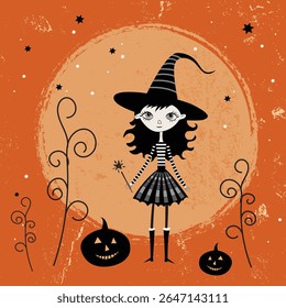 Whimsical Halloween illustration featuring a cute young witch in striped outfit and hat, standing with a magic wand, surrounded by smiling jack-o'-lanterns and stars on an orange background 