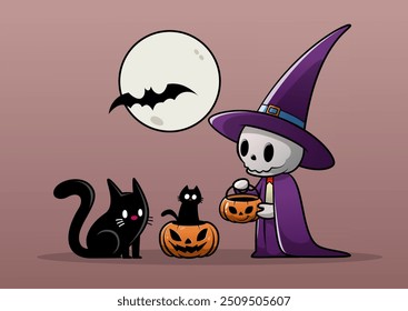 Whimsical Halloween illustration featuring a purple witch, two black cats, and a full moon