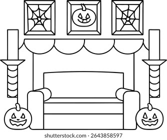 Whimsical Halloween Interior Design with a Couch and Festive Decorations Featuring Pumpkins, Spiderwebs, and Candlesticks Creating a Spooky yet Charming Atmosphere for the Holiday