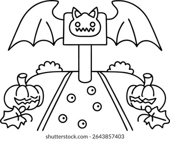 Whimsical Halloween Landscape with Bat Sign Pumpkins and a Spooky Path for a Fun and Festive Illustration Perfect for Coloring Books and Holiday Decorations Black and White Outline