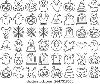 Whimsical Halloween Line Art Pattern Featuring Pumpkins Ghosts Bats and Other Spooky Elements for a Festive Background