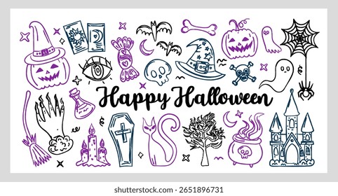 Whimsical Halloween line art set hand drawn in chalk and charcoal style with pumpkins, ghosts, bats, potions, spooky doodles and magical symbols. Fun and cute collection, prints and decor.