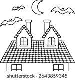 Whimsical Halloween Night Illustration of a Haunted House under a Crescent Moon with Bats Flying Around Creating a Spooky and Festive Atmosphere Perfect for Holiday Designs