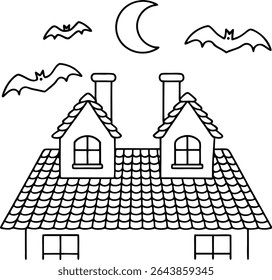 Whimsical Halloween Night Illustration of a Haunted House under a Crescent Moon with Bats Flying Around Creating a Spooky and Festive Atmosphere Perfect for Holiday Designs