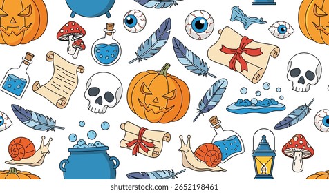 Whimsical halloween pattern featuring pumpkins skulls feathers and potion bottles