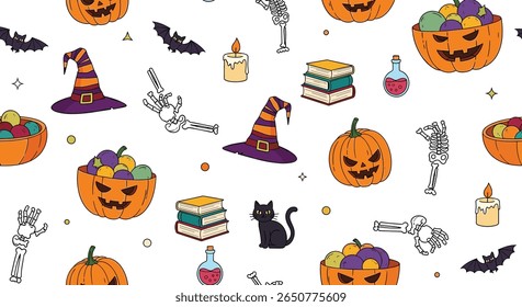 Whimsical halloween padrão com elementos assustadores e doces festivos