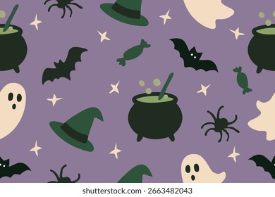 Whimsical Halloween pattern with witch hats, cauldrons, ghosts, bats, spiders, candy, and stars on a purple background.