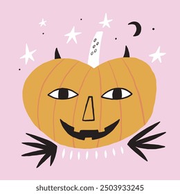 A whimsical Halloween pumpkin illustration featuring a smiling face, stars, and a crescent moon on a pink background. Perfect for festive and playful holiday themes