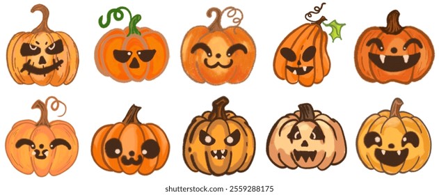 Whimsical Halloween Pumpkin Illustration Set: Hand-Drawn Jack-o'-Lantern Elements for Spooky Cards, Party Decorations, and October Festive Celebrations