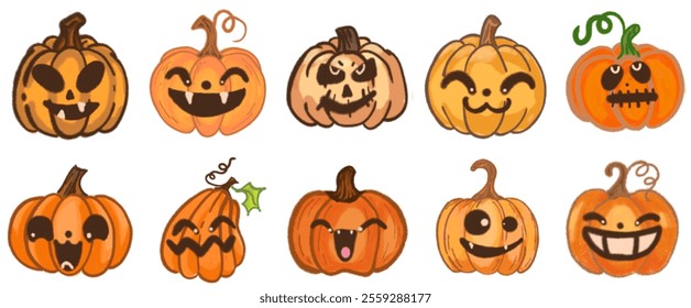 Whimsical Halloween Pumpkin Illustration Set: Hand-Drawn Jack-o'-Lantern Elements for Spooky Cards, Party Decorations, and October Festive Celebrations