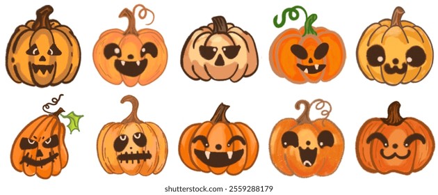 Whimsical Halloween Pumpkin Illustration Set: Hand-Drawn Jack-o'-Lantern Elements for Spooky Cards, Party Decorations, and October Festive Celebrations