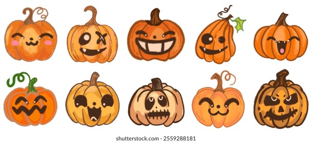 Whimsical Halloween Pumpkin Illustration Set: Hand-Drawn Jack-o'-Lantern Elements for Spooky Cards, Party Decorations, and October Festive Celebrations