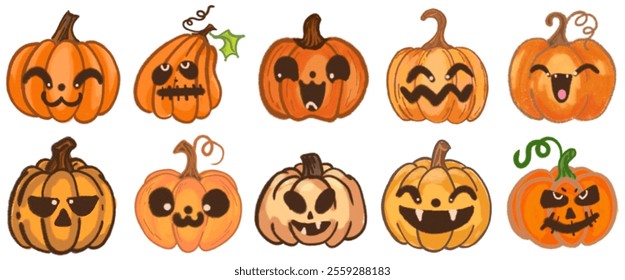 Whimsical Halloween Pumpkin Illustration Set: Hand-Drawn Jack-o'-Lantern Elements for Spooky Cards, Party Decorations, and October Festive Celebrations