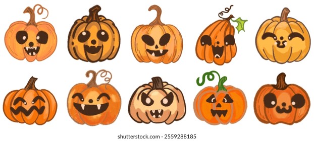 Whimsical Halloween Pumpkin Illustration Set: Hand-Drawn Jack-o'-Lantern Elements for Spooky Cards, Party Decorations, and October Festive Celebrations