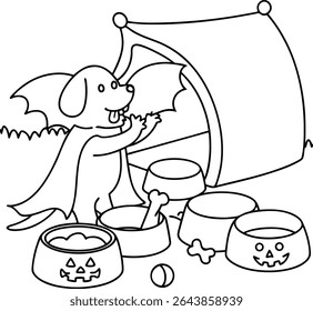 Whimsical Halloween Scene with a Cute Dog in Costume, Tent, and an Array of Themed Dog Bowls for a Fun and Spooky Celebration