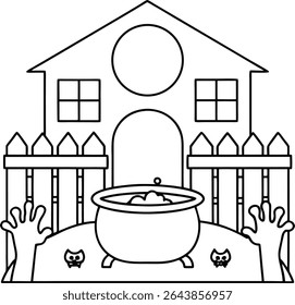 A Whimsical Halloween Scene Depicting a Haunted House with a Cauldron, Fence, and Ghostly Hands Emerging from the Ground with Cute Ghost Decorations for Halloween