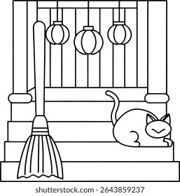 Cena caprichosa de Halloween Uma representação de uma linha de arte de um gato preto em escadas com lanternas suspensas e uma sala criando uma atmosfera assustadora e festiva
