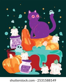 A whimsical Halloween scene with a purple cat sitting on pumpkins surrounded by glowing candles, jars of potions, and playful little ghosts floating around in a dark, starry sky.