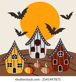A whimsical Halloween scene with three adorable houses each with unique features like polka dots stripes and windows
