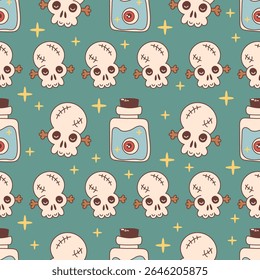Whimsical Halloween seamless pattern with skulls with stitched foreheads, potion bottles with floating eyeballs, and magical yellow sparkles on a teal background