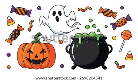 Whimsical Halloween tableau pumpkin, ghost, cauldron, and colorful candies swirl with bubbles. fun!