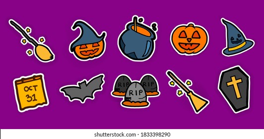 Whimsical Halloween template for kids featuring a playful landscape with thin outline illustrations on a vibrant violet backdrop. Perfect for creating spooky yet child-friendly stickers, posters 
