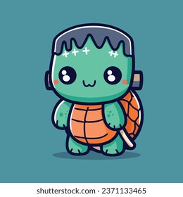 Whimsical Halloween Turtle Cartoon with Frankenstein Attire