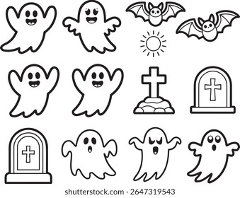 Caprichoso Halloween Vetor Art com fantasmas, morcegos, uma lápide e um gráfico do sol