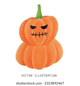 Whimsical Halloween Watercolor Painting of Grinning Overlapping Pumpkins