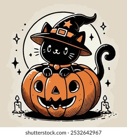 A whimsical Halloween-themed illustration featuring a black cat dressed in a witch costume, playfully peeking out of an orange carved pumpkin. The cat wears a pointed witch hat, adding to the festive 